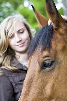 Stroking: Girl stroking the head of a Horse France