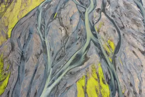 Arms: Glacial river from above, aerial view, river arms