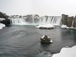 Monochrome: Godafoss waterfall during winter. Europe