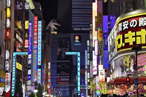 Signs: Godzilla Road and illuminated signs of Kabukicho in Shinjuku