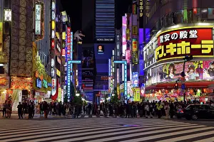 Signs: Godzilla Road and illuminated signs of Kabukicho in Shinjuku