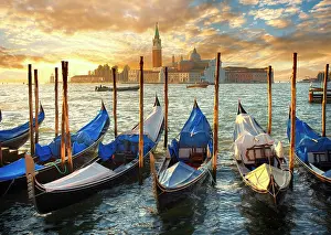 Churches: Gondolas at St Mark's Square with the island of