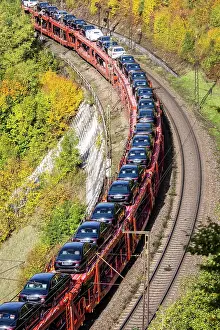 Cars: Goods train with new Mercedes cars on the Geislinger