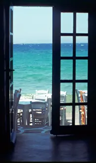 Cafe: Greece, Cyclades, Island of Mykonos. View