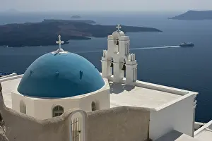 Ferry: Greece, Santorini. Greek Orthodox church
