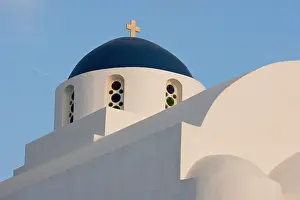 Santorini: Greece, Santorini. White church with blue