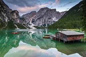 Boathouse: Green mountain lake with boats and boathouse, Seekogel