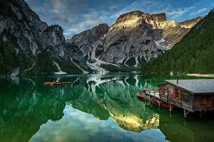 Boathouse: Green mountain lake with boats and boathouse, Seekogel