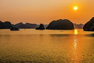 Limestone: Ha Long Bay, Vietnam. Landscape view of boat carrying