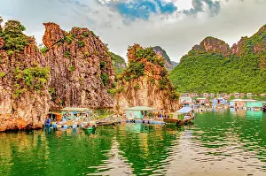 Limestone: Ha Long Bay, Vietnam. Wide angle landscape view of floating