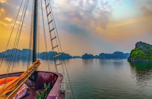 Limestone: Ha Long Bay, Vietnam. Wide angle landscape view of tourist
