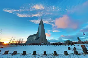 Reykjavik: Hallgrimskirkja church at sunrise in Reykjavik, Iceland