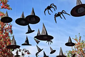 Scary: Halloween decoration witch hats and spiders hanging in sky