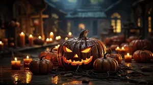 Generated: Halloween pumpkins and candles on a house porch