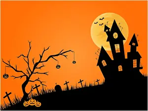 Moon: Halloween theme with haunted house silhouette, full