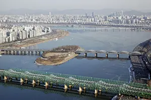 Seoul: The Han River and bridges with the city skyline