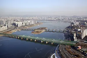Seoul: The Han River and bridges with the city skyline