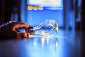 Electric: Hands are holding a LED lightbulb over the wooden