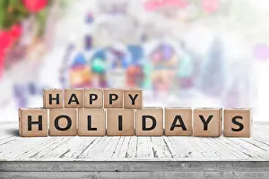 Sign: Happy Holidays sign made of wooden toy cubes wit
