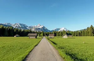 Ehrwald: Hay barns in a meadow, Ehrwalder Sonnenspitz and