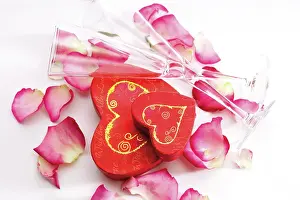 Fuchsia: Heart-shaped gift box with rose petals and champagne
