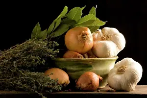 Onions: Herbs & Vegetables in bowl - bay leaves, garlic