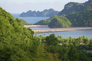 Archipelago: High angle view on bay and beach, Cat Ba