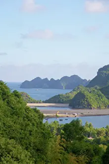 Archipelago: High angle view on bay and beach, Cat Ba