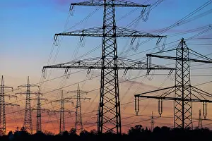 Cable: High-voltage pylon, evening glow, Ludwigsburg am Neckar