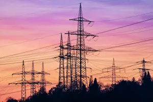 Cable: High-voltage pylon, evening glow, Ludwigsburg am Neckar