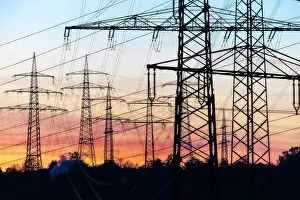 Cable: High-voltage pylon, evening glow, Ludwigsburg am Neckar