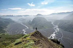 Hiker: Hiker in front of mountain landscape, mountains