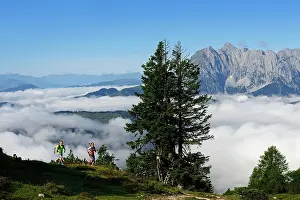 Chiemgau: Hikers, Trail running on the Eggenalm, behind Wilder