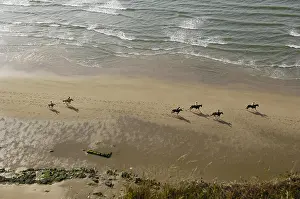 Marais: Horsemen galloping on a beach at the foot of cliffs
