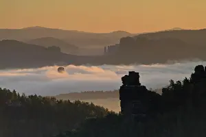 Saxon: Hot air balloon rising in the morning fog at sunrise