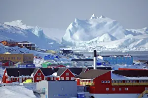 Kommunia: Houses in winter landscape, icebergs, Ilulissat