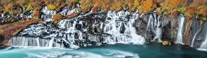 Hraunfossar: Hraunfossar waterfall in autumn, Vesturland, West