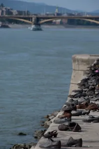 Nazi: Hungary, Budapest. Copper shoes along Danube