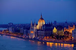 Government: Hungary, Budapest. Nighttime overview of