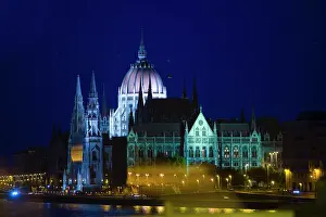 Government: Hungary, Budapest. Nighttime overview of