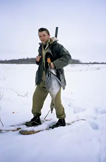 Skiing: Hunter with shot wild goose (Bean goose)
