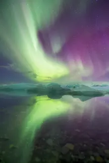 Borealis: Iceland, Jokulsarlon. Aurora lights reflect
