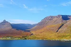 Settlement: Iceland. Landscape in fjord Alftafjordur and village Sudavik
