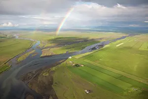 Reykjavik: Iceland, Reykjavik. Aerial of a double rainbow