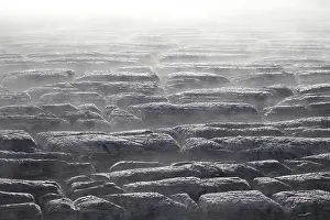 Crevasse: Iceland, Southern Coast. Aerial of the misty