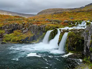 Westfjord: Iceland. Waterfall Dynjandi in Borgarfjordur during autumn