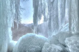 Forecast: Icicles at the waterfall, permafrost with icy landscape