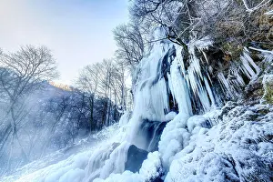 Forecast: Icicles at the waterfall, permafrost with icy landscape