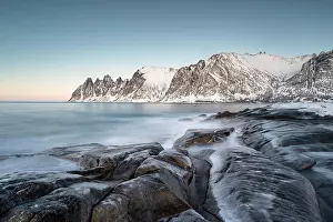 Senja: Icy coastal landscape on dusk, Tungeneset, Senja