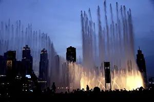 Arabian: Illuminated water fountains at night